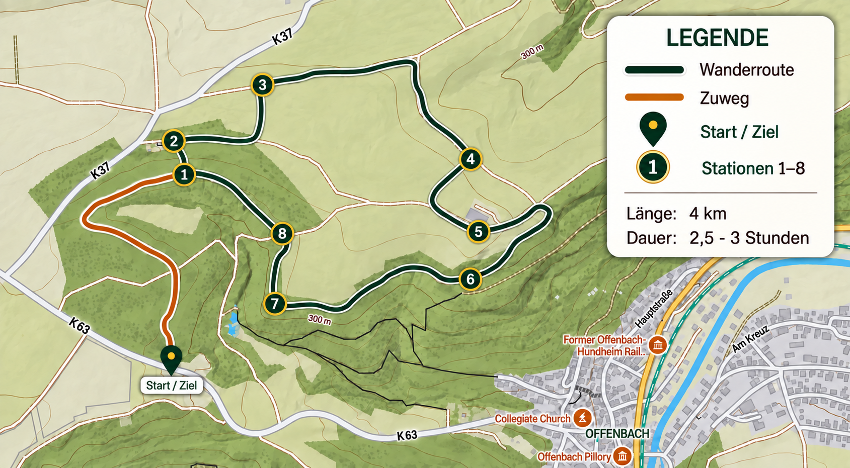 Wanderkarte der Wine & Crime Rallye im Landkreis Kusel mit Route, Zuweg, Start- und Zielpunkt sowie den Stationen 1 bis 8